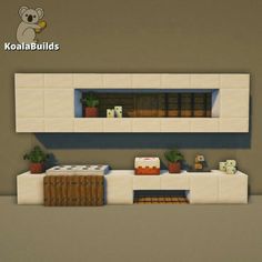 an image of a living room in minecraft with furniture and plants on the shelves