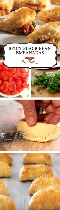 the process of making spicy black bean empanadas is shown in three pictures