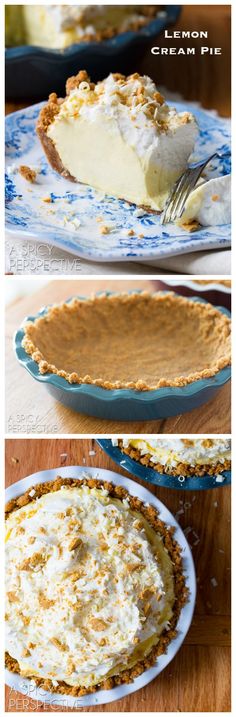 three different views of pies on plates