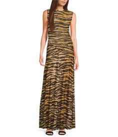 From RONNY KOBO&#x2C; this dress features: Double layer mesh fabrication Sheath silhouette Round neckline Sleeveless Cheetah printUnlinedMaxi length Straight hemline Approx. 60" length Polyester/spandex Dry clean Imported. Casual Wedding Guest Dresses, Contemporary Dresses, Ronny Kobo, Daytime Dresses, Line Dress, Dillard's, Workwear Dress, Xl Dress, Dresses Xs