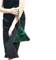 Emerald Green Velvet Purse, Pyramid Handbag Pyramid Purse, Triangle Pouch, Textile Bags, Avant Grade, Monogram Letter S, Prom Purse, Embroidery Purse, Emerald Green Velvet, Japanese Knot Bag