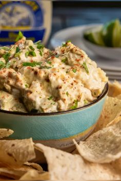 a bowl filled with chicken salad surrounded by tortilla chips