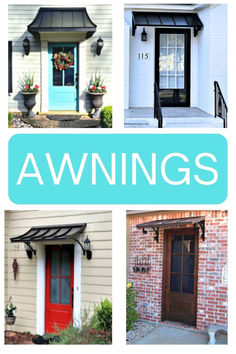 four different front doors with the words awnings above them and below it are pictures of