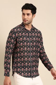 Blue shirt featuring floral and geometric print all over with front button placket. - Aza Fashions Floral Geometric, Shirt Pattern, Blue Shirt, Button Placket, Aza Fashion, Full Sleeve, Geometric Print, Blue Man, Casual Shirts