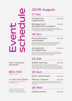 a pink and white flyer for events with the words event schedule written in bold font