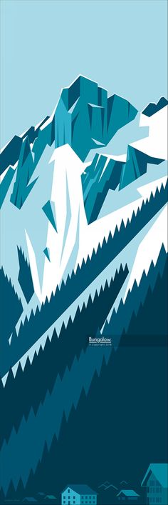 the mountains are covered with snow and blue skies in this pixel art style poster print