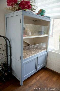 a bird cage sitting on top of a blue cabinet next to a window with flowers in it