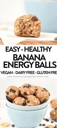 banana energy balls in a bowl with chocolate chips on the side and text overlay