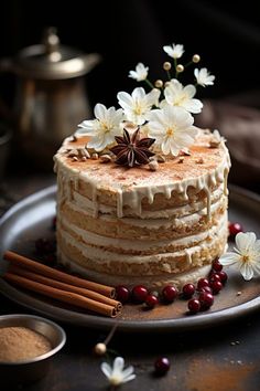 a cake with icing and flowers on a plate next to cinnamon sticks, cranberries and spices