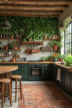 a kitchen with lots of plants growing on the wall and green cupboards above it