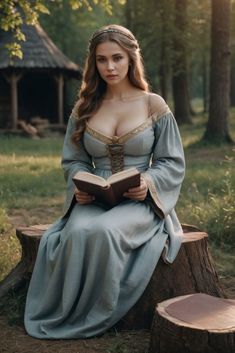 a woman dressed in medieval clothing sitting on a tree stump and reading a book while the sun shines through the trees behind her