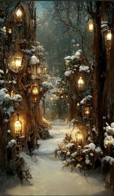 an image of a snowy forest scene with lanterns