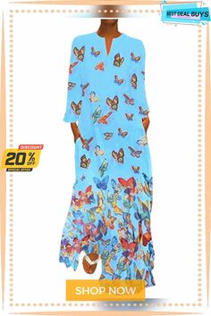 Women's Shift Dress Maxi Long Dress - Long Sleeve Butterfly Spring Fall Hot Loose White Yellow Blushing Pink Light Blue Blue Long Sleeve Maxi Dress For Vacation, Blue Long Sleeve Dresses For Vacation, Light Blue Non-stretch Beach Dress, Spring Light Blue Long Sleeve Maxi Dress, Light Blue Long Sleeve Maxi Dress For Spring, Long Sleeve Blue Maxi Dress For Summer, Blue Long Sleeve Printed Maxi Dress, Blue Shift Maxi Dress, Blue Shift Maxi Dress For Spring