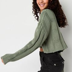 This Forever 21 women's and junior's cropped cable-knit sweater has distressed hems and an oversized fit, giving it a cool edge to work in with your favorite looks for fall and winter. Made from a soft chunky knit, it has a boat neckline and long sleeves. Wear it with skinny jeans and ankle boots.Closure Type: Pullover HeadNeckline: Boat NeckSleeve Length: Long SleeveFiber Content: 100% AcrylicCare: Dry Flat, Hand WashCountry of Origin: Imported Trendy Cropped Winter Sweater, Trendy Cropped Sweater For Winter, Trendy Knit Crop Top For Winter, Trendy Cropped Cotton Sweater, Trendy Cropped Cable Knit Top, Cotton Cable Knit Cropped Sweater For Fall, Cable Knit Cotton Cropped Sweater For Fall, Casual Cropped Sweater With Chunky Knit, Spring Cropped Cable Knit Sweater