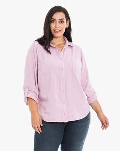 This sleeve work shirt is a comfortable and stylish layer you will never want to leave the house without. It comes in a super comfy and super chic plaid pattern just in time for fall. Wear this plus-size plaid shirt with skinny jeans and booties. Slink Jeans Janice Button-Down Shirt | VIOLET | Tops | Materials & Care Instructions: ['60% Cotton, 40% Rayon', 'Machine wash cold', 'Imported'] Black Friday Promo, Jeans Western, Ombre Shirt, Work Shirt, Western Shirt, Cut Shirts, Work Shirts, Western Shirts, Just In Time