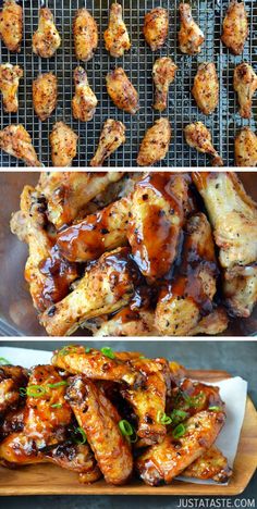 chicken wings with bbq sauce on top and in the middle, next to an image of grilled chicken wings