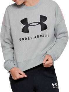 Girls Under Armour  Sportstyle Fleece Crewneck Sweatshirt Size: Youth XL Color: gray, pink Specifics/condition:  new with tags. 53% cotton, 47% polyester. Machine washable.  Returns: please contact for conditions. Ask questions about the item before placing a bid/purchasing.  *All my items are authentic - overstock or liquidation. Some of the items are listed as new with tags, however they might have been handled by customers or used as display. I always list all defects and put a picture. Shipp Under Armour Sweatshirts, Wordmark Logo, Under Armour Logo, Under Armour Girls, Hooded Cape, Word Mark Logo, Block Style, Grey Light, Novelty Print