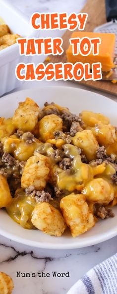 cheesy tater tot casserole on a white plate