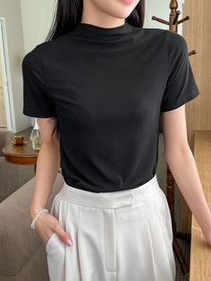 Black Basics Collar Short Sleeve Rayon Plain  Embellished Slight Stretch  Women Tops, Blouses & Tee Black Tshirt Women, Basic Tshirt Women, Teachers Outfits, Black Shirt Outfits, Business Shorts, Japanese Shirt, Black Short Sleeve Shirt, Plain Tops, Street Outfit