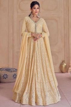 Tan Georgette Lucknowi Long Anarkali Suit - PinkPhulkari California Sharara Suit Pakistani, Bridal Dupatta, Long Anarkali, Georgette Dupatta, Stitch Fit, Kurta Dress, Sharara Suit, Anarkali Gown, Party Wear Lehenga