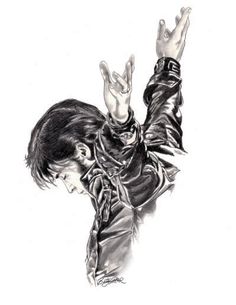 a black and white drawing of a man with his hands up in the air while wearing a leather jacket