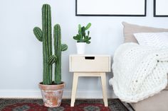 a cactus in a pot next to a nightstand with a blanket on it and a rug