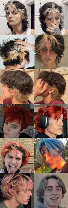 bleached strands, red, blue, blonde Blue Hair Mullet, Bleached Strands, Pic Collage, Hair Dyed, Short Grunge Hair, Hair Inspiration Short, Punk Hair, Hair Stylies, Alternative Hair