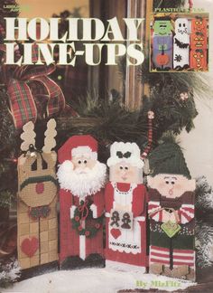 an advertisement for the holiday line - ups featuring santa and other knitted christmas decorations