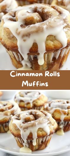 cinnamon roll muffins with icing drizzled over them on a white plate