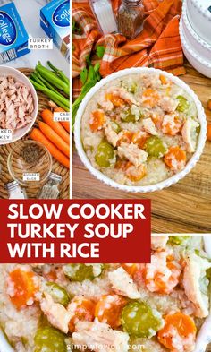 this slow cooker turkey soup is loaded with rice, carrots and celery