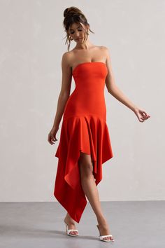 Catalina | Orange Bandeau Maxi Dress With Draped Hem Midi Bridesmaid Dress, Tropical Orange, Bandeau Maxi Dress, Club L London, Dark Dress, Black Dress Prom, Casual Day Dresses, Party Dress Long Sleeve, Christmas Party Dress