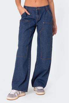 PRODUCT INFO Jeans Patch detailing Low rise waist Denim fabric 100% Cotton Model wears size S Model height is 5'8 Item care: Wash with similar color Jeans Patch, Legging Court, Estilo Hippy, Utilitarian Style, Patched Jeans, Freshman Year, Carpenter Jeans, Active Leggings, Party Tops