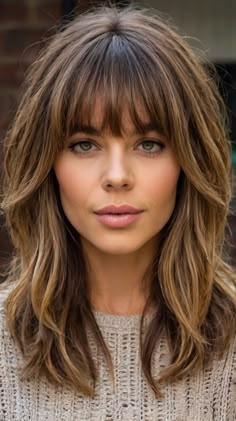 Chic Medium Length Hairstyles with Bangs and Layers Shoulder Hair With Bangs And Layers, Layers With Bangs Medium Hair, Shoulder Length Hair Extensions, Shoulder Length Brown Hair With Bangs, Mom Haircut With Bangs, Hairstyles With Layers Medium, Layered Medium Length Hair With Bangs, Medium Length Bob With Bangs, Medium Length Hairstyles With Layers