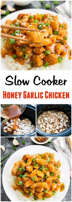 slow cooker honey garlic chicken with chopsticks on top