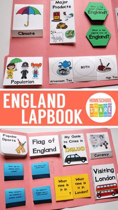 an english lapbook with pictures and words on the cover, which are attached to a bulletin board