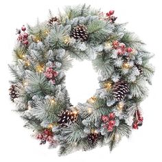 a christmas wreath with pine cones and lights