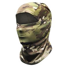 a camo face mask with the hood pulled up to show it's camouflage print