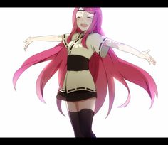 an anime character with pink hair and black boots holding her arms out in the air