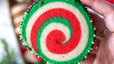 a hand holding a green, red and white cupcake with a candy cane on it