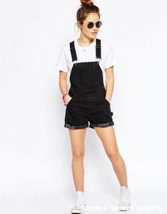 Black Short Overalls Outfit, Short Overalls Outfit, Overalls Outfit Short, Black Overalls Outfit, Black Short Overalls, Overall Shorts Outfit, Denim Dungaree Shorts, Overall Outfit, Overalls Outfit