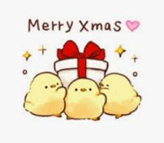 three little chicks wrapped in a gift box with a red bow and merry xmas written on it