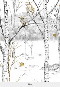 an image of birds flying in the air near trees and snow covered ground with no leaves on them