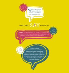 what the say about us poster on yellow background with speech bubbles and words above it