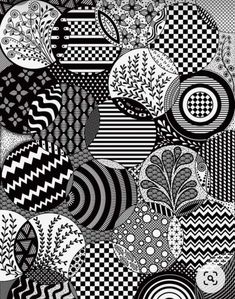 a black and white drawing of many different shapes