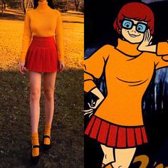 a woman in yellow sweater and red skirt next to an image of a cartoon character