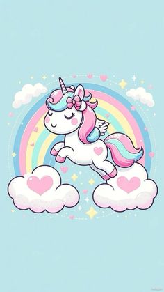 a cartoon unicorn flying through the sky with hearts and stars on it's tail