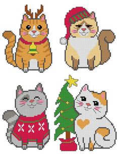 four cross stitch cats sitting around a christmas tree, one with a santa hat on