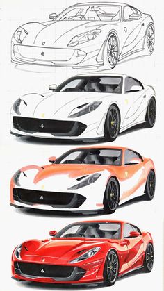 three different colored sports cars are shown in this drawing technique, one is red and the other is white