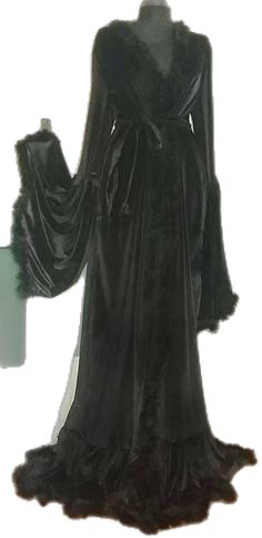 Gothic Nightgown, Black Dress Gothic, Bride Dressing Gown, Feather Gown, Satin Dressing Gown, Black Nightgown, Night Gown Dress, Duster Dress, Boo Basket