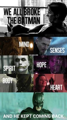 the many faces of batman and their characters in black and white, with words above them